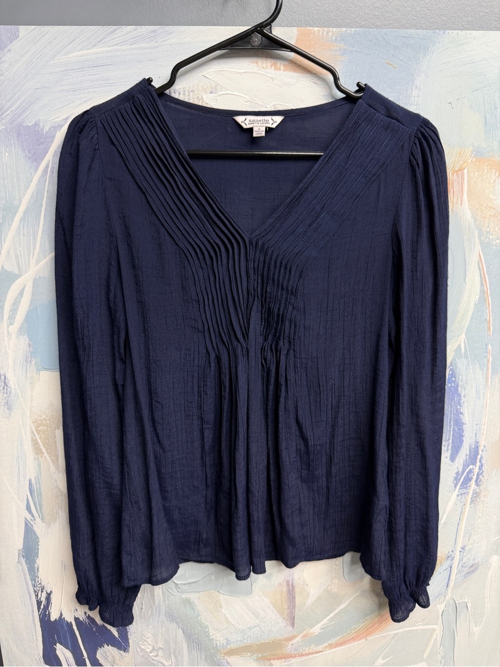 Nanette Lepore Navy Blue Pleated V Neck Blouse Long Sleeve S